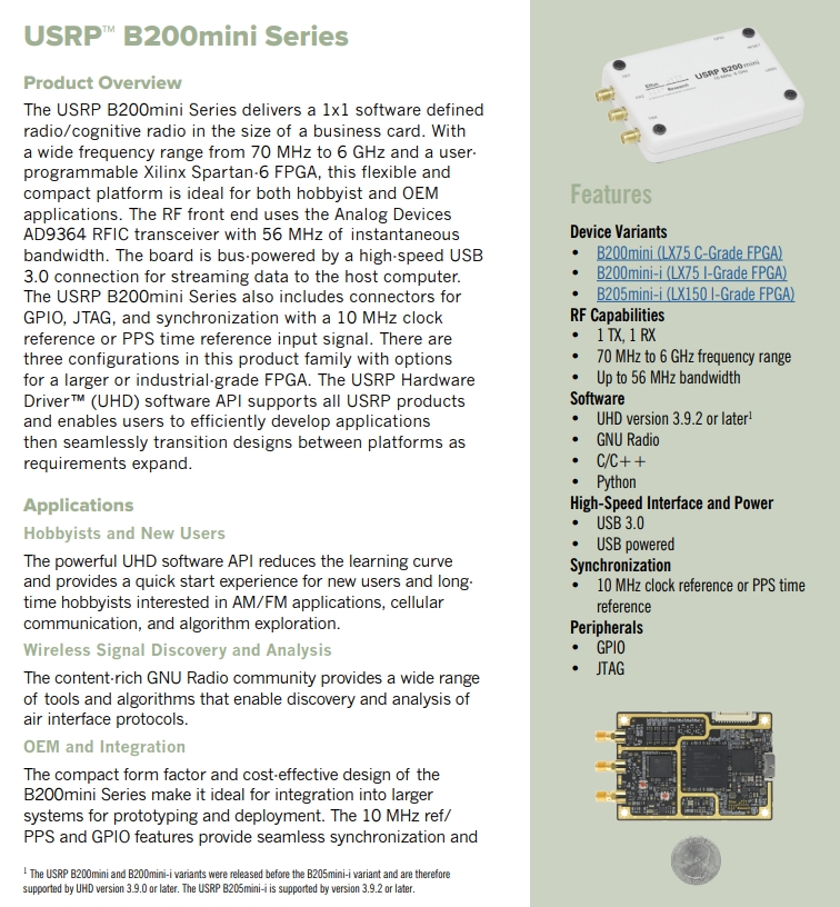 B205 Mini ETTUS USRP B205MINI-I (1X1, 70 MHZ - 6 GHZ) (with enclosure kit)