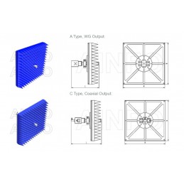 A-INFO Corrugated Feed Horn Antennas with Waveguide and Coaxial Interface, Dual Linear Polarization, Equipped with Absorber